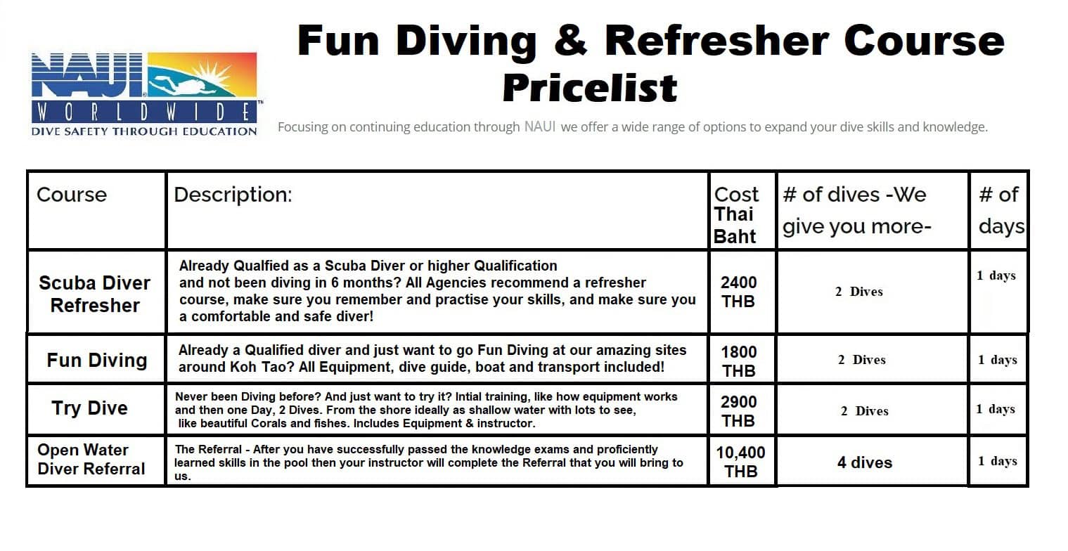 NAUI fun diving refresher course Pricelist