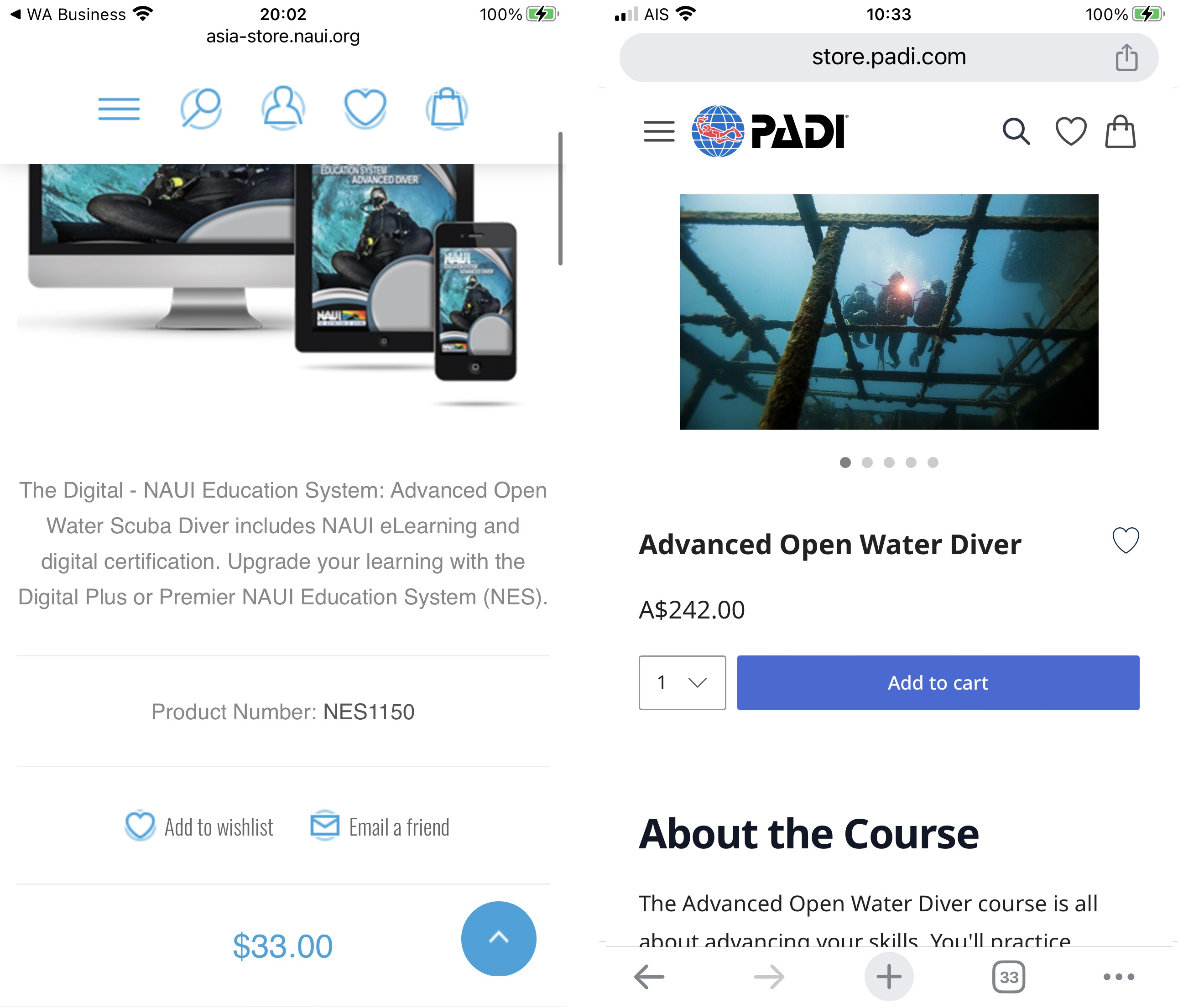 PADI or NAUI Advanced Openwater e learning prices