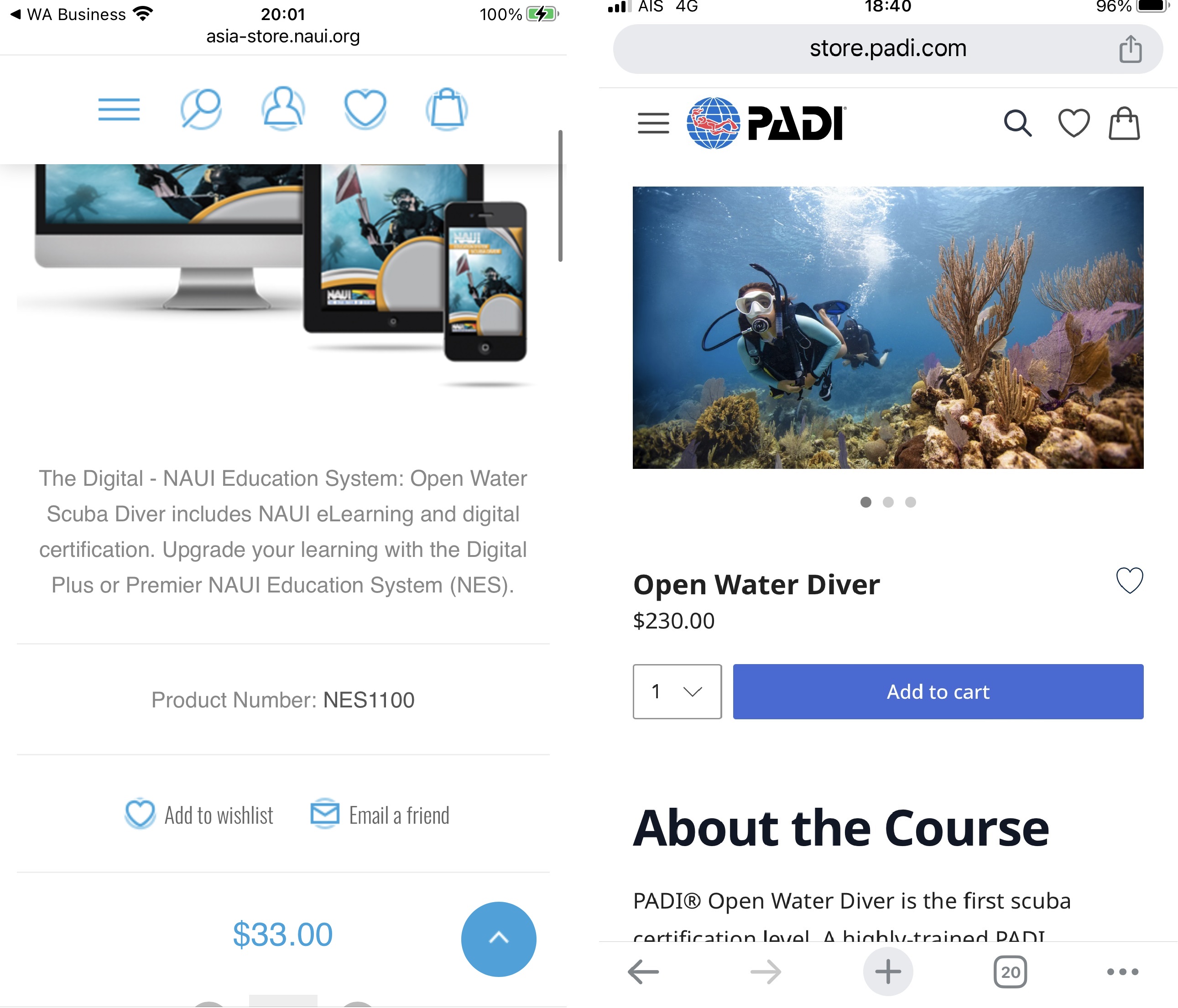 PADI or NAUI Openwater e learning prices